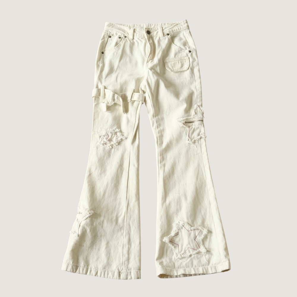 Pickle Jeans Star Patch Distressed Flare White Denim Pink Embroidery Size 28 Y2K